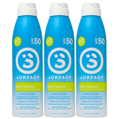Surface Dry Touch Spray Sunscreen bottle showing fast-drying, non-greasy protection