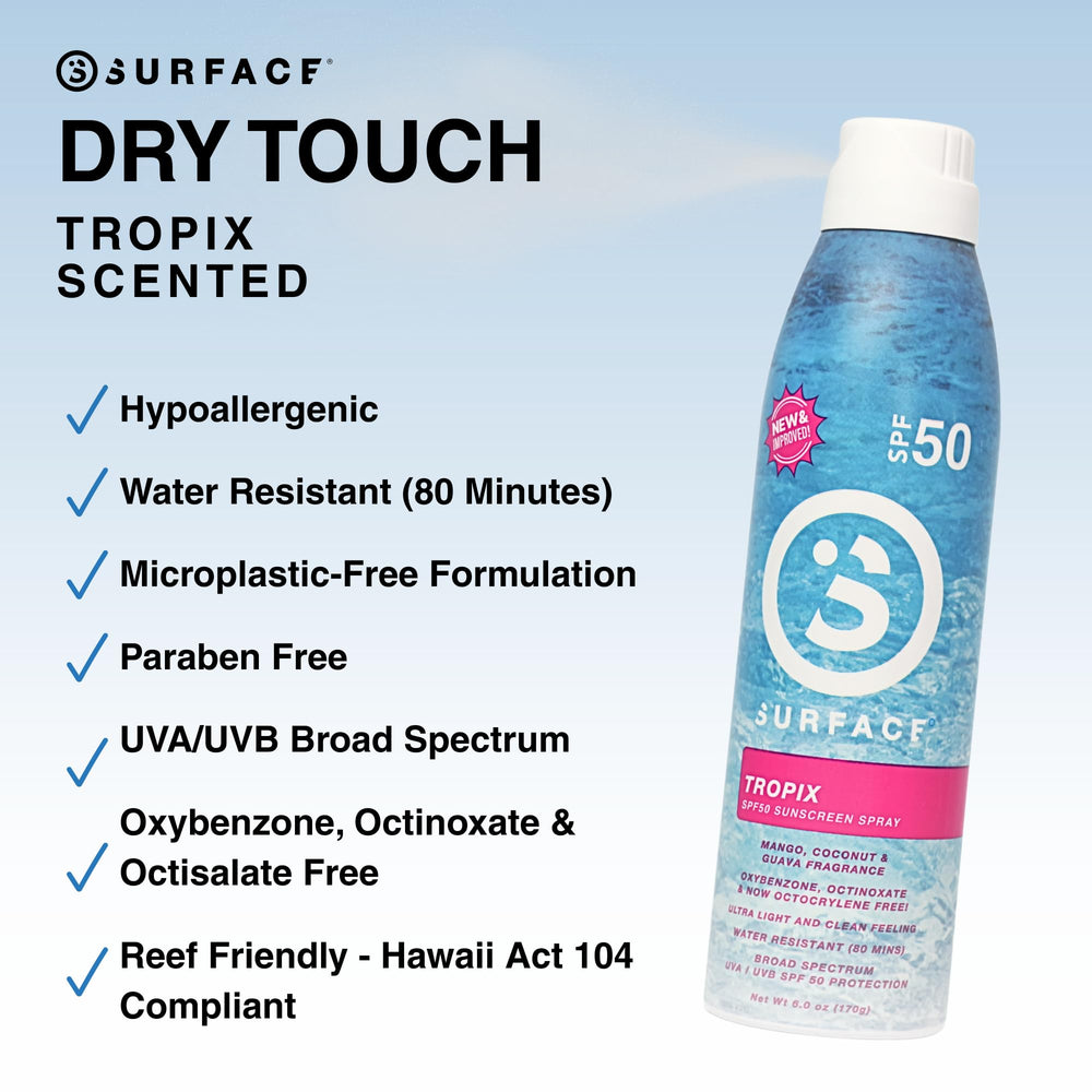 Surface Sun Systems Tropix scented spray delivers a light, non-greasy finish.