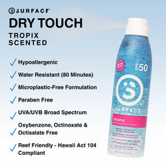 Surface Sun Systems Tropix scented spray delivers a light, non-greasy finish.