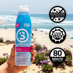 Surface Sun Systems spray in action during a swim or sweat session, water resistant.