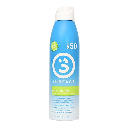 Surface Sun Systems SPF 50 sunscreen spray bottle for full-body protection outdoors.