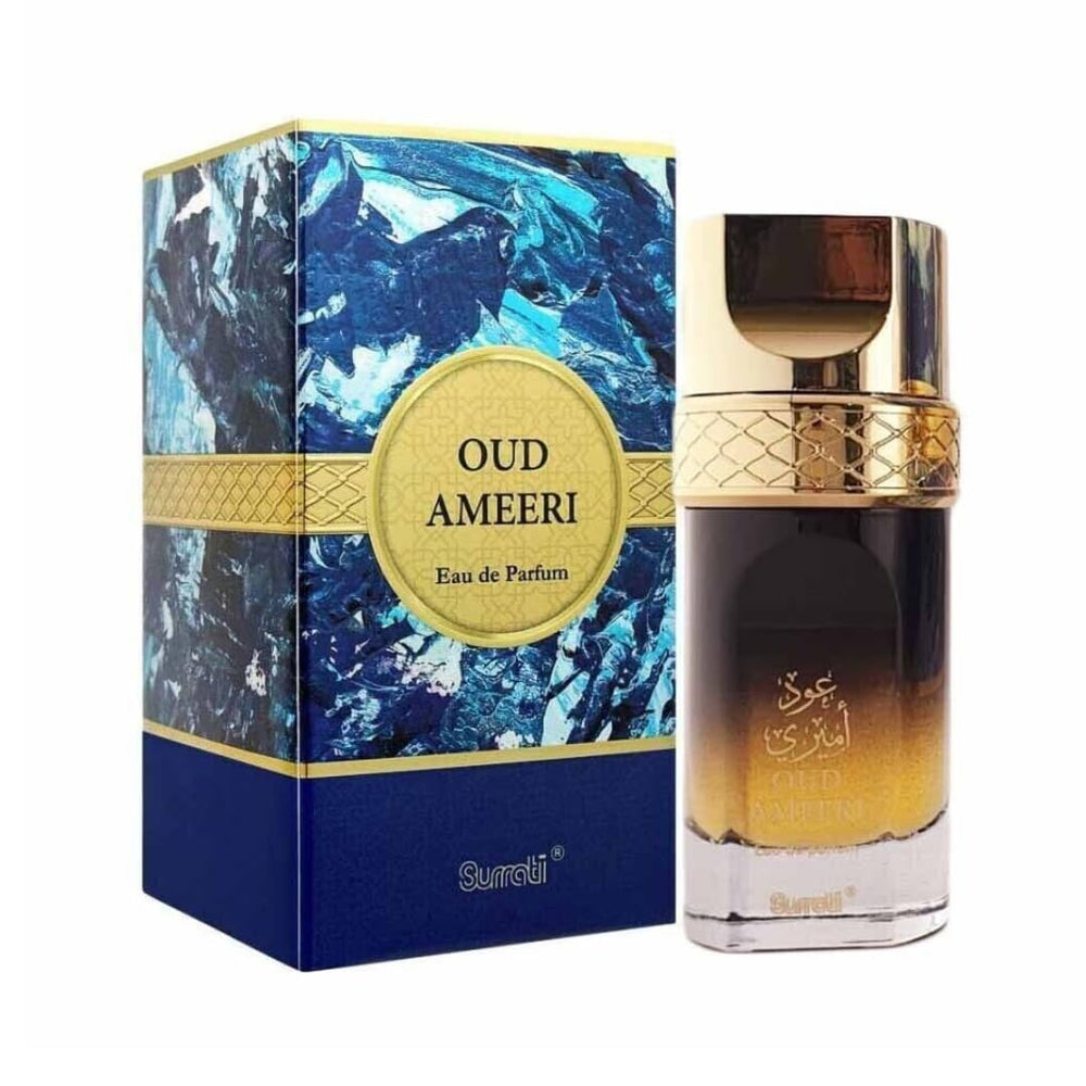 Surrati Oud Ameeri bottle front view highlights woody fragrance for daily wear.
