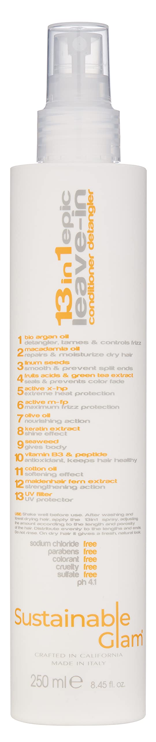 Sustainable Glam Epic Leave-In Bottle Closeup shows keratin-rich hydration for silky hair.