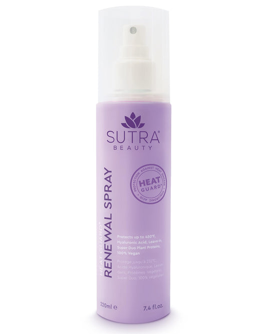 SUTRA Heat Guard Renewal Spray bottle shown for smooth, frizz-free styling and heat protection.