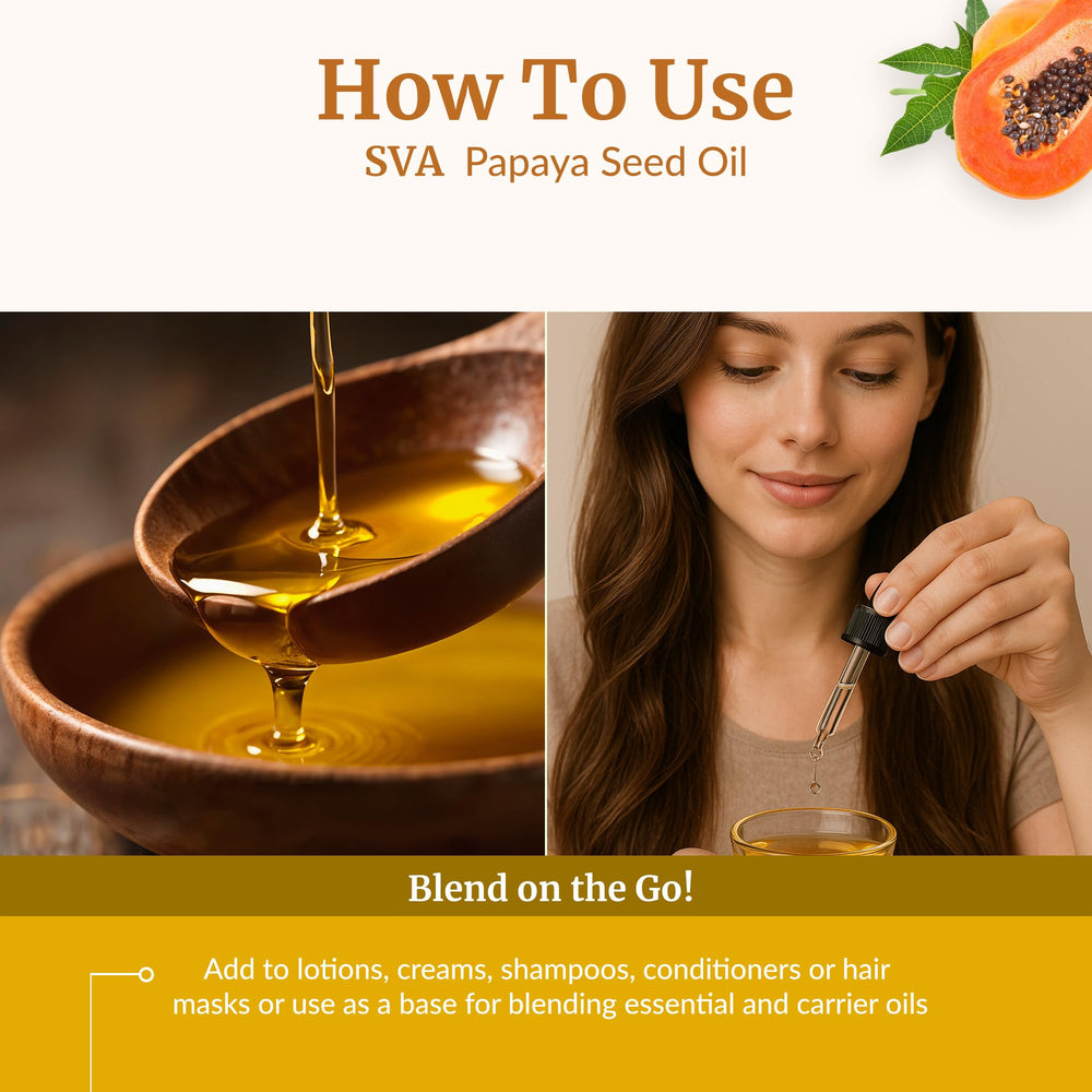 SVA Organics Papaya Seed Oil in a warm palm for easy absorption.