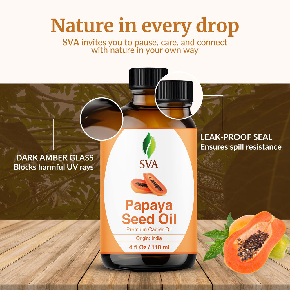 Open bottle of SVA Organics Papaya Seed Oil ready to blend into creams.