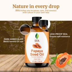 Open bottle of SVA Organics Papaya Seed Oil ready to blend into creams.
