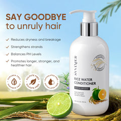 Svvimer ingredient panel shows biotin and rice water for hair strength.