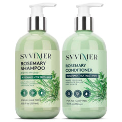 Svvimer rosemary shampoo bottle promotes fuller-looking hair.