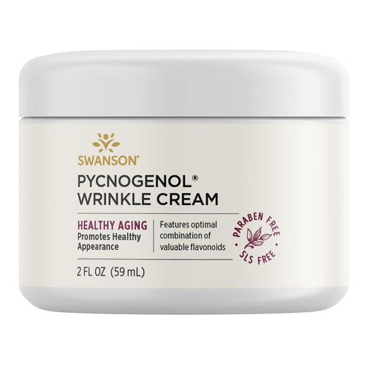Swanson Pycnogenol Wrinkle Cream jar showing a rich, hydrating formula for daily facial care.