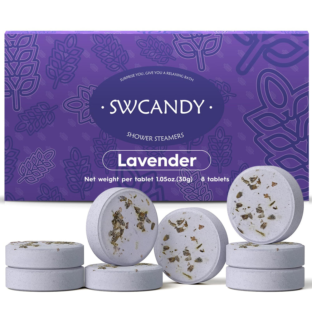 SWCANDY Lavender Shower Steamers 8-pack on shelf ready for a calming spa moment.
