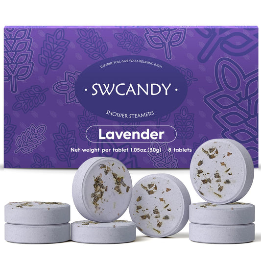 SWCANDY Lavender Shower Steamers 8-pack on shelf ready for a calming spa moment.