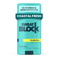 SweatBlock Coastal Fresh deodorant bottle with unisex scent and smooth glide.