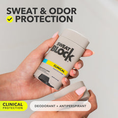 SweatBlock sandalwood-amber deodorant provides long-lasting odor control.