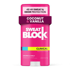 SweatBlock Women's Deodorant coconut-vanilla bottle showing long-lasting scent and daily protection