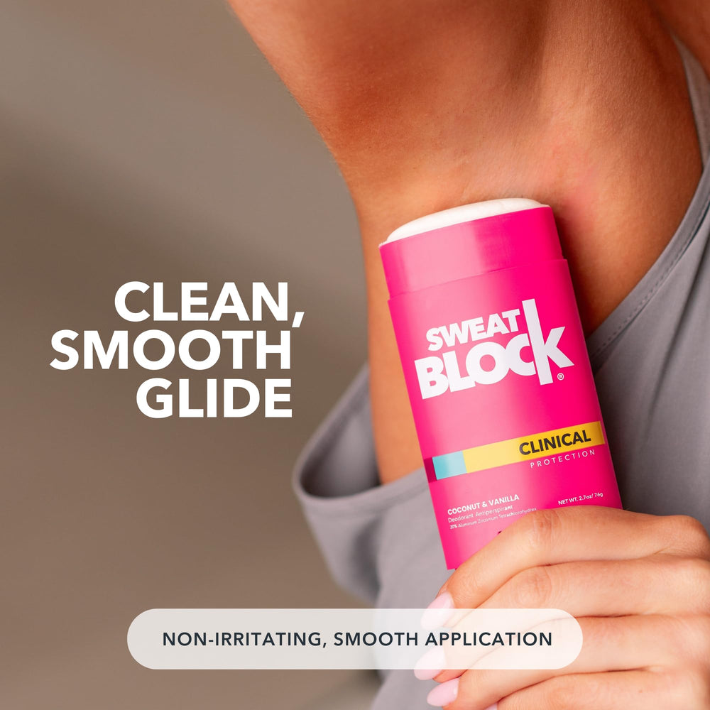 SweatBlock Women's Deodorant stick cross-section highlights smooth texture for comfortable wear