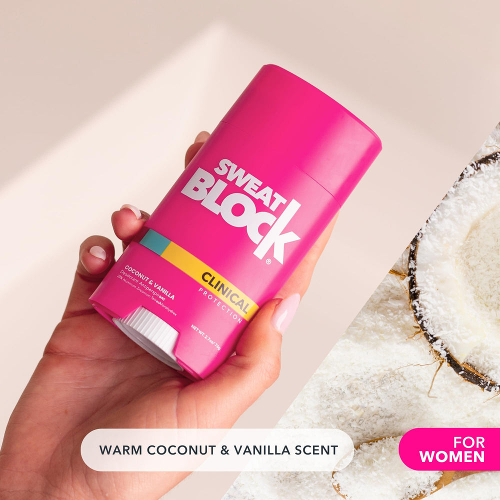 SweatBlock Women's Deodorant USA-made label emphasizes clean formulation and safety