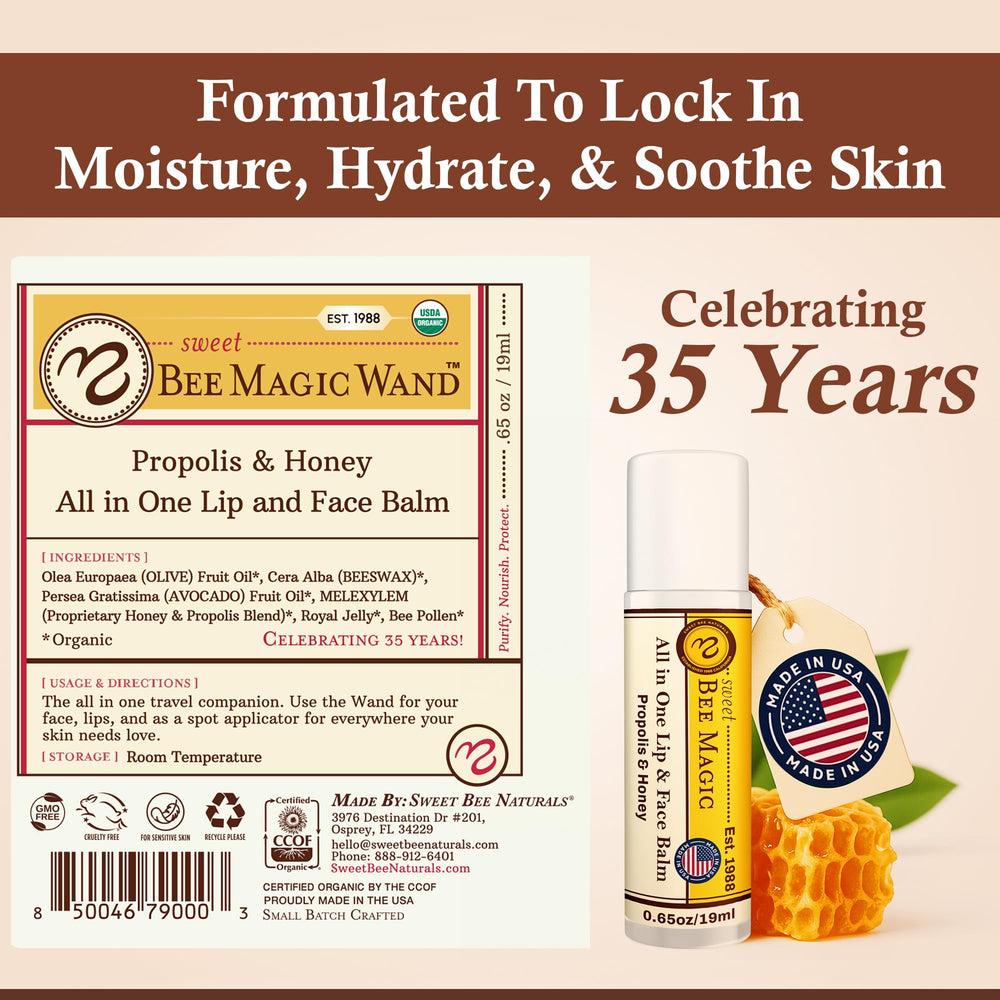 Sweet Bee Naturals lip balm tube close-up highlighting natural formula for sensitive skin care