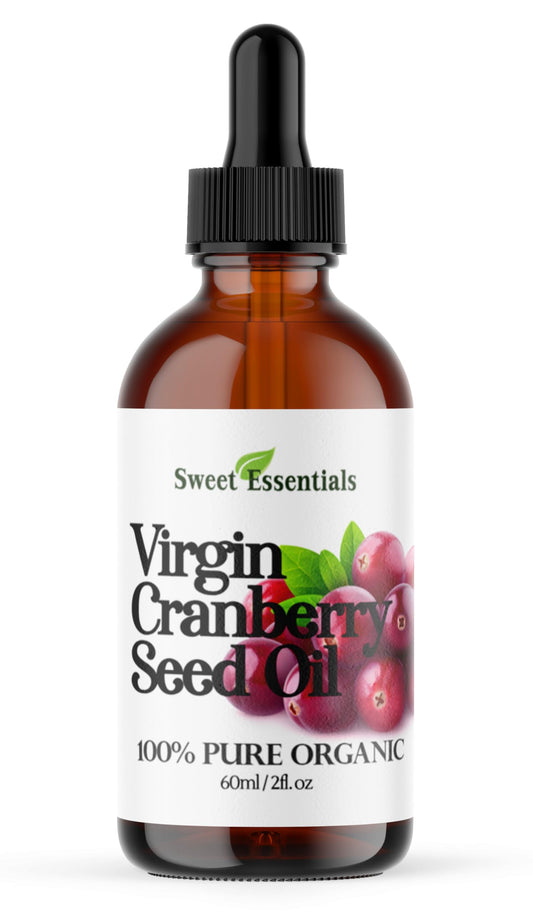 Sweet Essentials cranberry seed oil bottle shows pure, cold-pressed skin and hair nourishment.