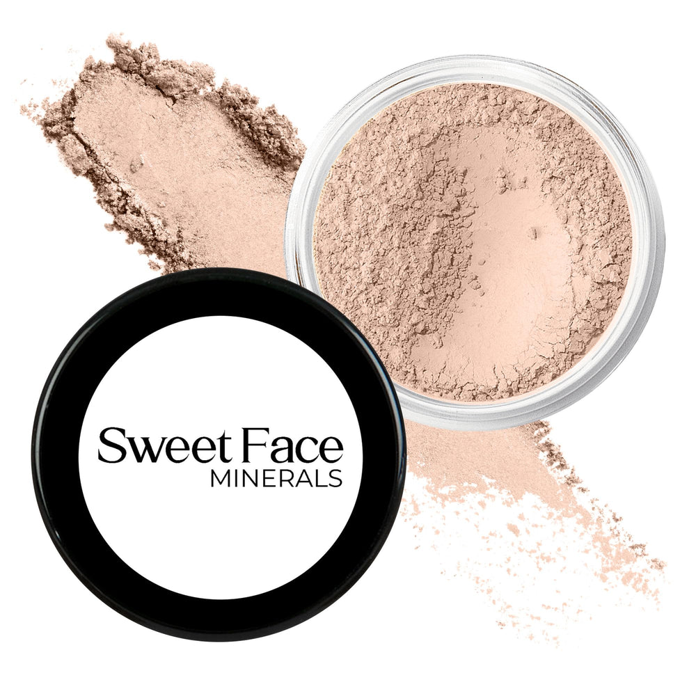 Sweet Face Minerals light foundation in a sifter jar for mess-free natural coverage.