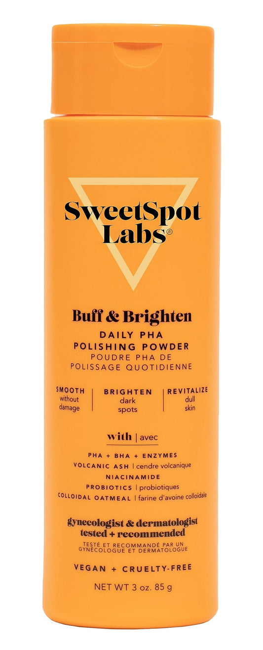 SweetSpot Labs Buff & Brighten PHA powder exfoliator pour activates into foam for gentle exfoliation.