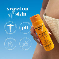 SweetSpot Labs Buff & Brighten strawberry legs image shows luminous leg skin with regular use.