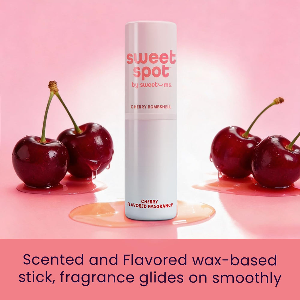 Sweetums SweetSpot Cherry stick close-up texture highlights smooth, wax-based formula