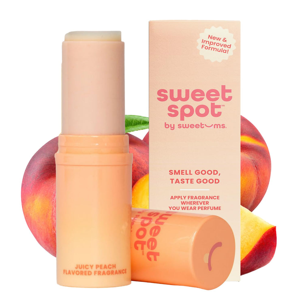 Sweetums SweetSpot Peach stick close-up shows portable, spill-free fragrance