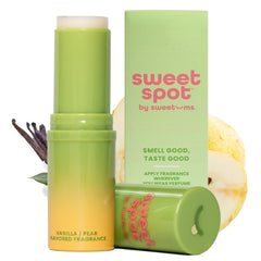 Sweetums SweetSpot Vanilla Pear solid perfume stick for travel-friendly fragrance.