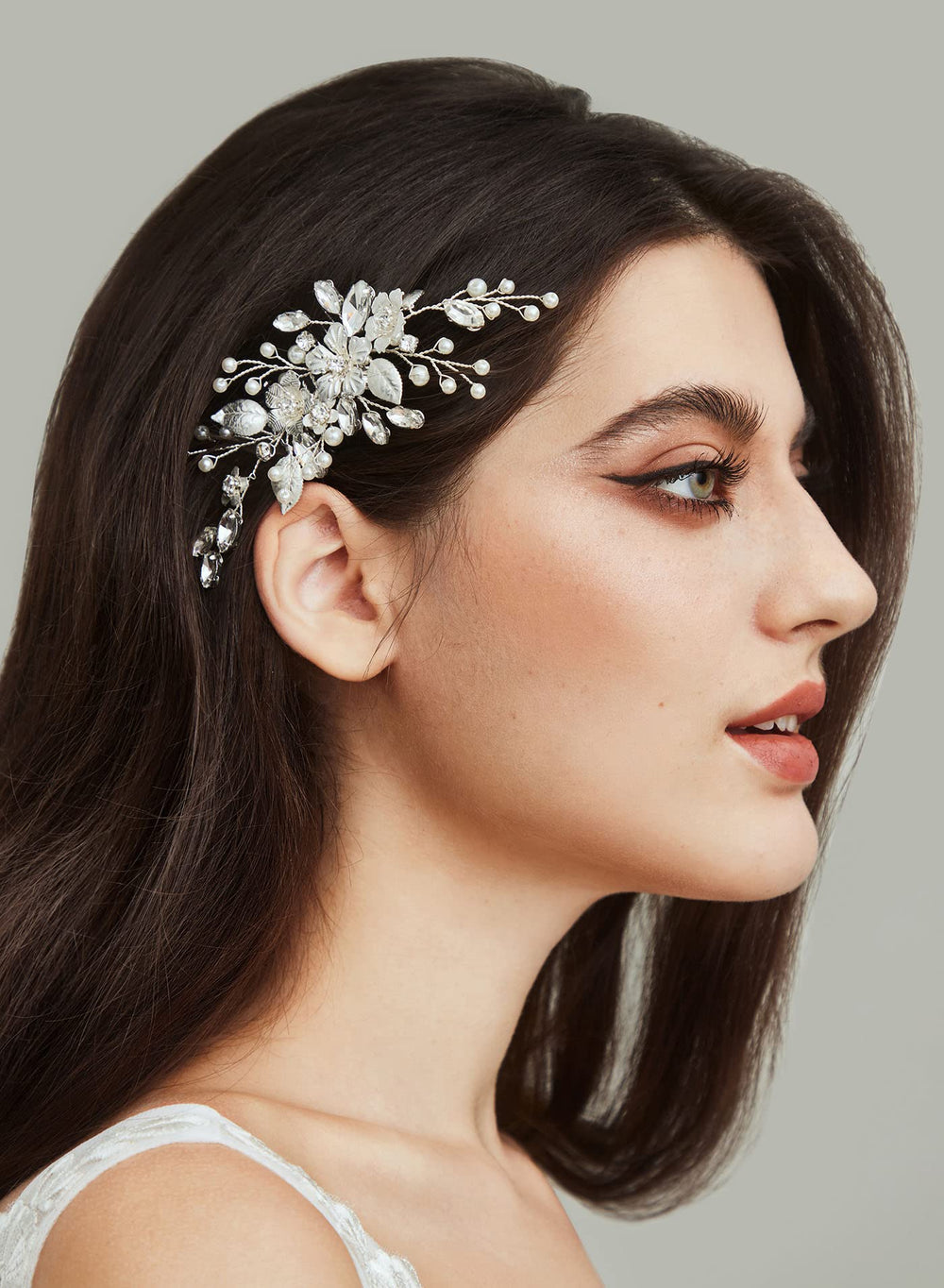 SWEETV hair comb closeup shows crystal detail and delicate pearl accents