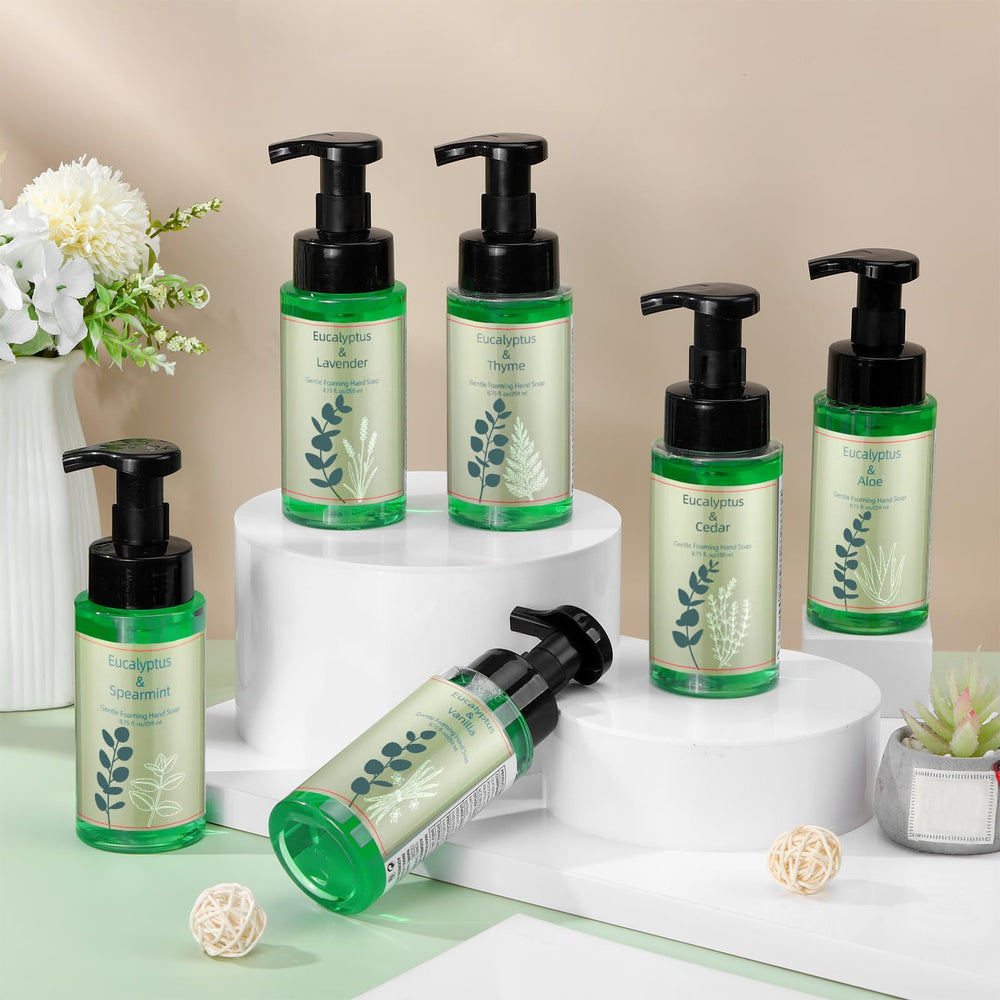 Swiffen eucalyptus aloe foaming hand soap with pump nourishes skin during daily washes.
