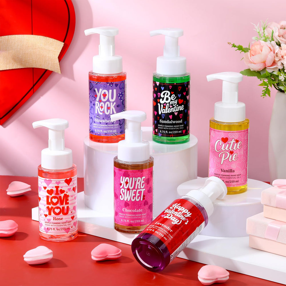 Swiffen Valentines foaming hand soap set, colorful foams for a cheerful sink scene.