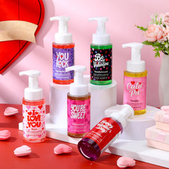 Swiffen Valentines foaming hand soap set, colorful foams for a cheerful sink scene.