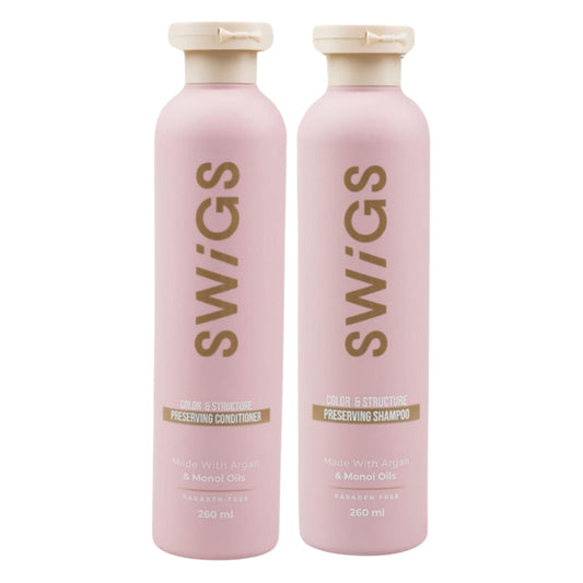 Swigs bottle pour showing color-safe wig shampoo in action.