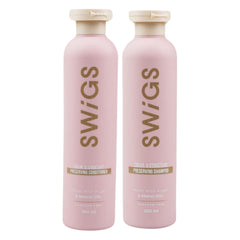 Swigs bottle pour showing color-safe wig shampoo in action.