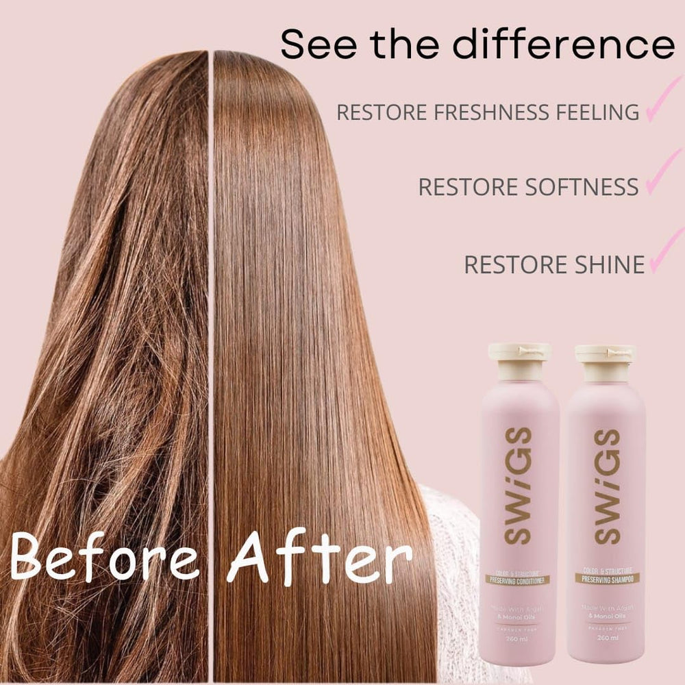 Swigs conditioner being applied to soften wig fibers for easy detangling.