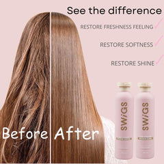 Swigs conditioner being applied to soften wig fibers for easy detangling.
