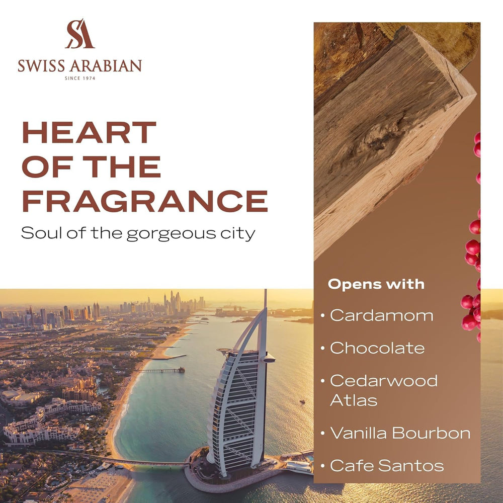 Swiss Arabian Opulence of Dubai Extrait amber wood tones evoke sophistication.