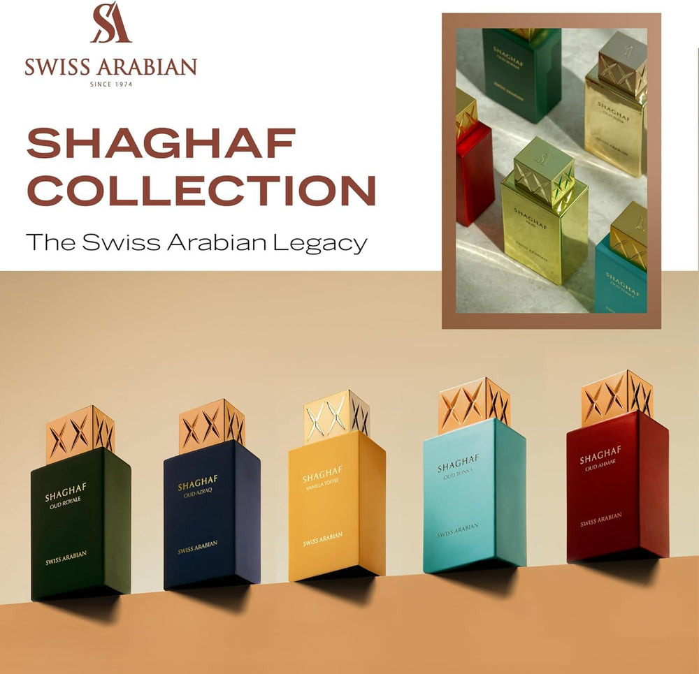 Shaghaf flacon beside rose petals suggests romantic date-night use