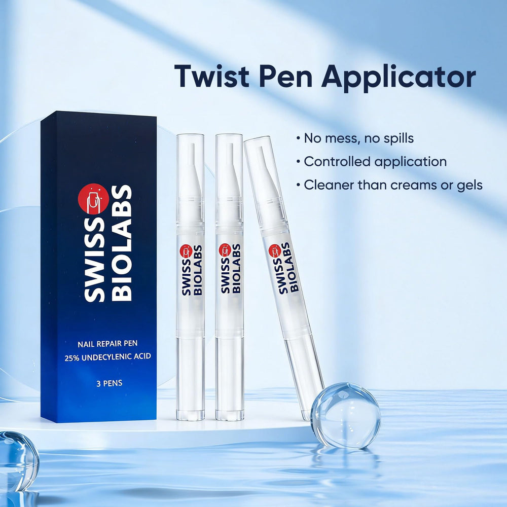 Swiss Biolabs packaging highlights Undecylenic Acid and Tea Tree Oil for nail care.