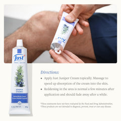 Elderly user applying SwissJust Juniper Massage Cream for mobility support