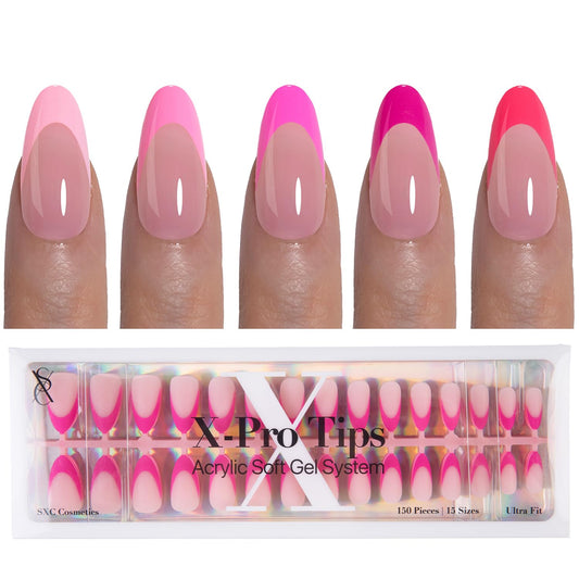 SXC French Tip press-on nails in almond shape for ultra-fit, salon-quality at home.