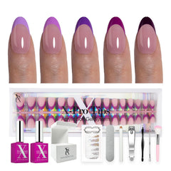 SXC Purple Edition French Tip nails in short almond shape for at-home elegance.