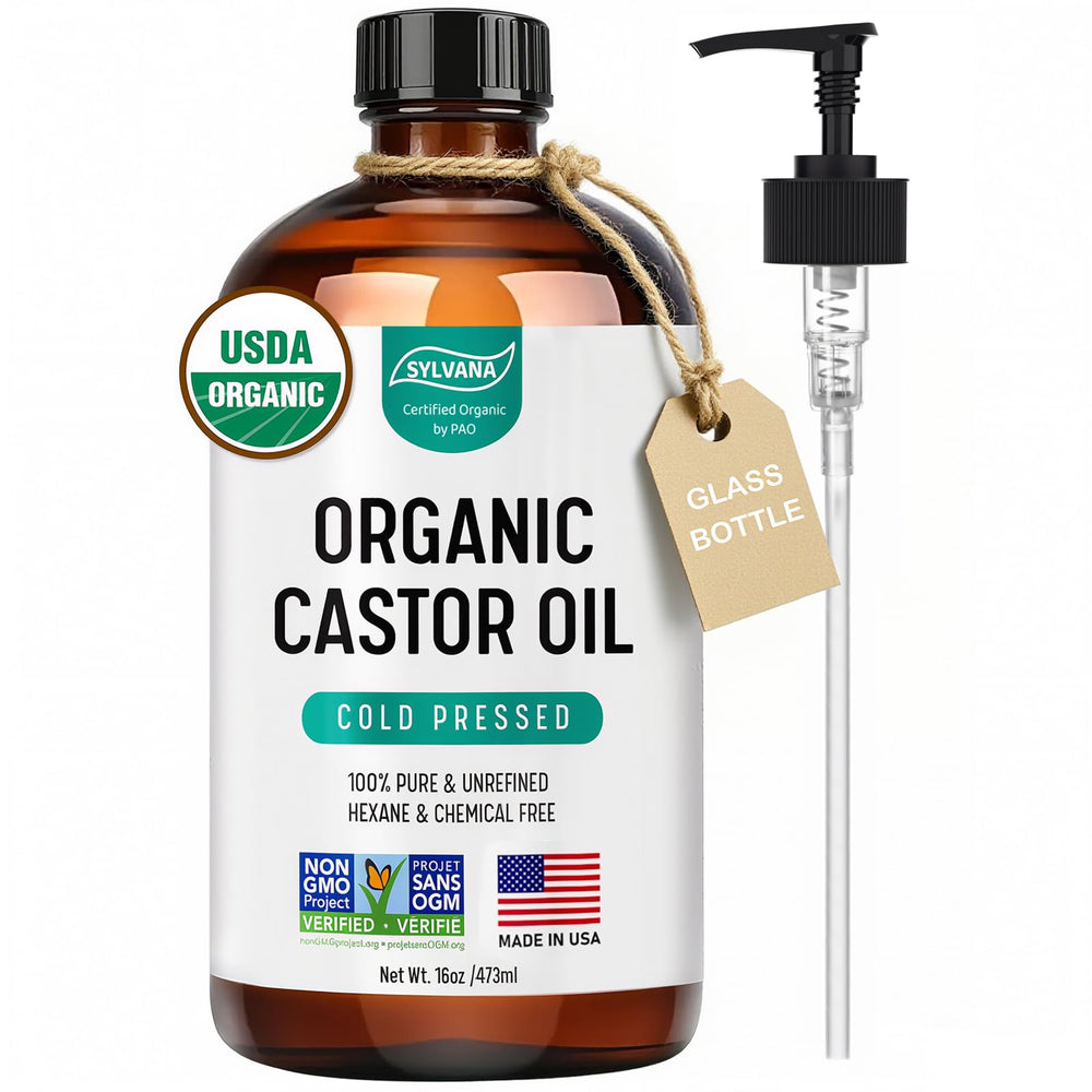 SYLVANA castor oil pump bottle amber glass preserves potency for consistent use.