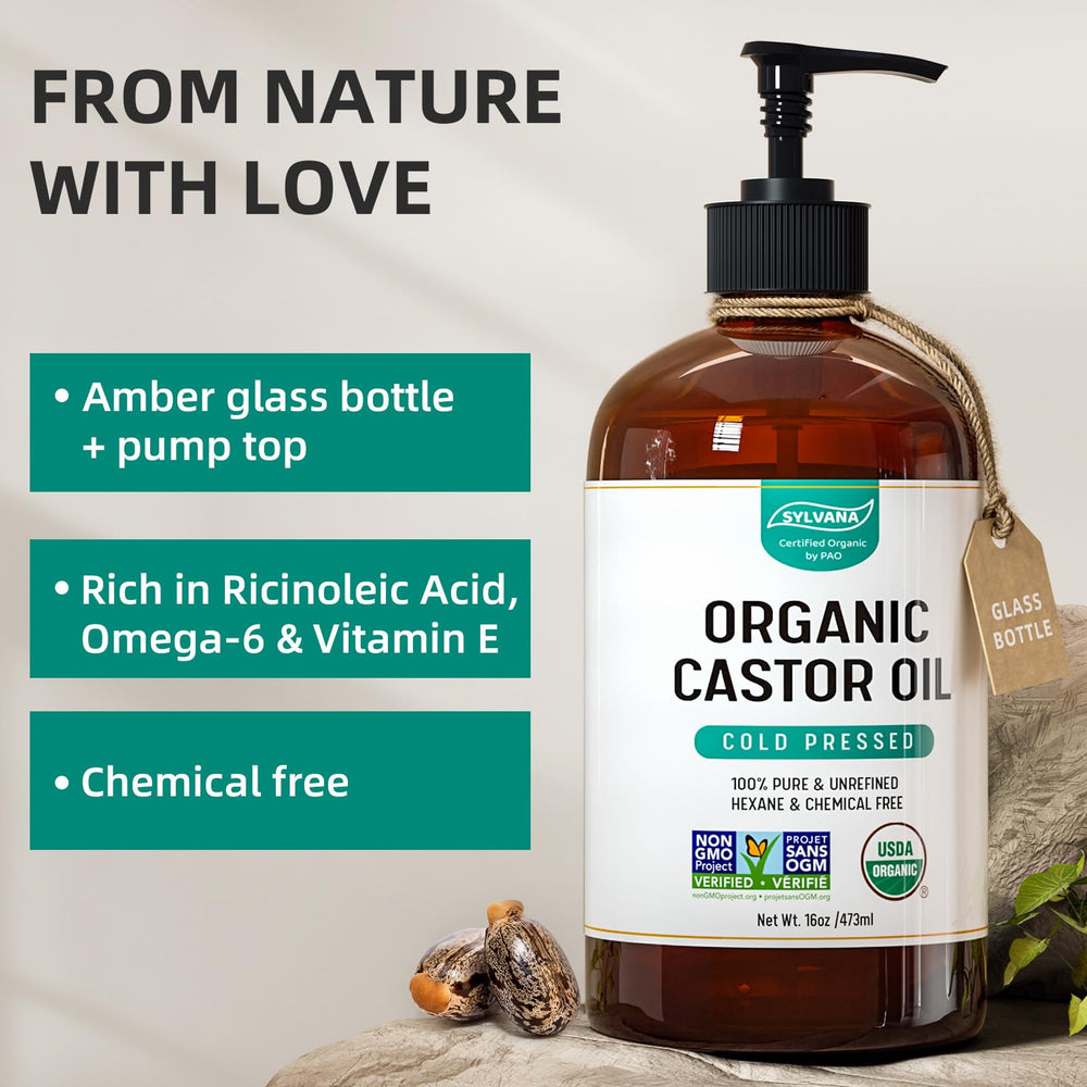 SYLVANA USDA Organic hexane-free castor oil for pure, plant-based care.