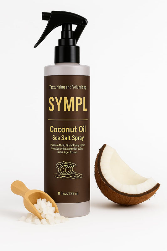 Sympl Sea Salt Spray bottle highlighting coconut oil for beachy volume.