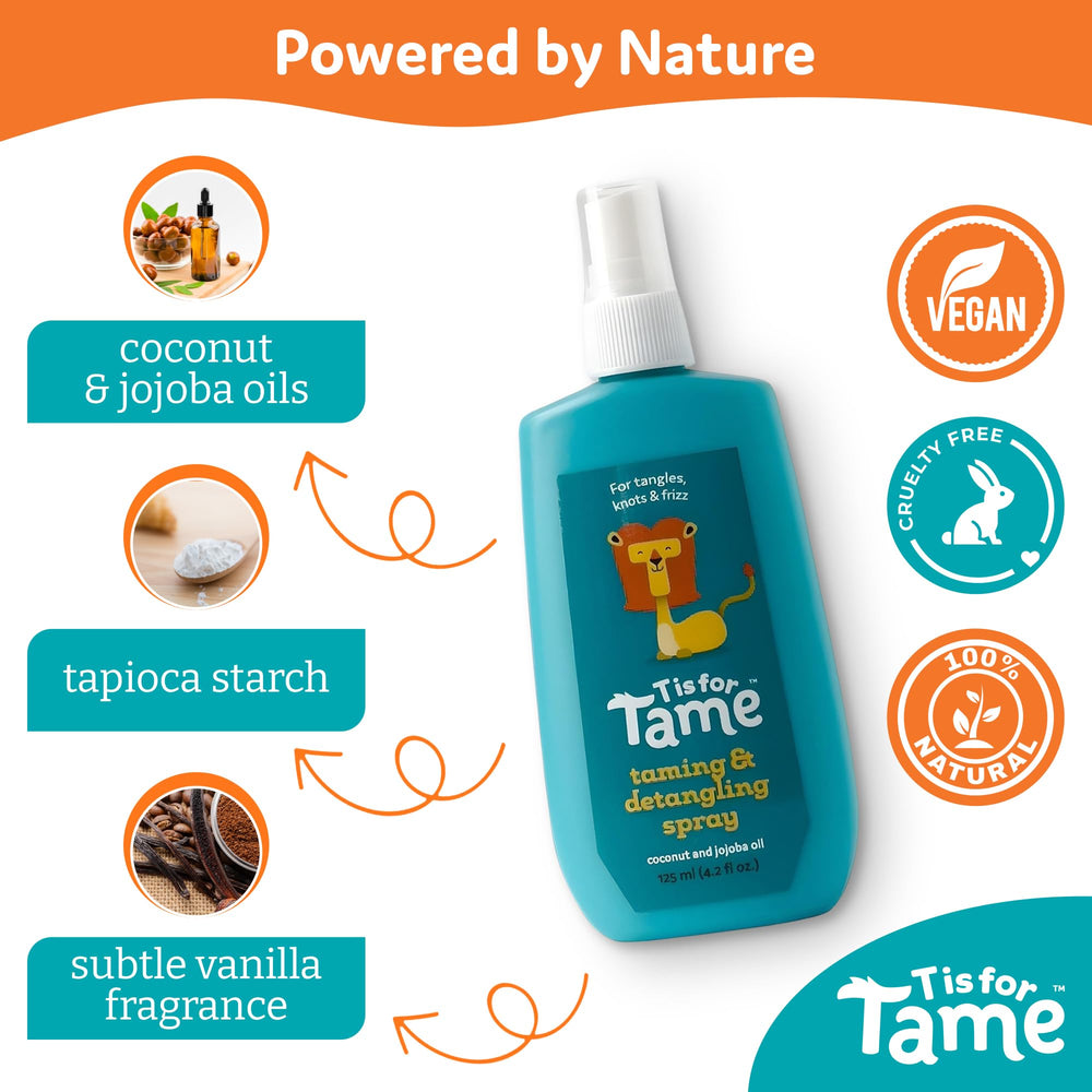 Child applying T is for Tame spray to tame frizz and flyaways