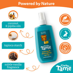 Child applying T is for Tame spray to tame frizz and flyaways