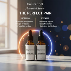 Night routine with TACOHO Soluretinol bottle for renewal support.