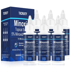 Tacruitf 5% Minoxidil with Biotin bottle for targeted scalp care and fuller-looking hair.